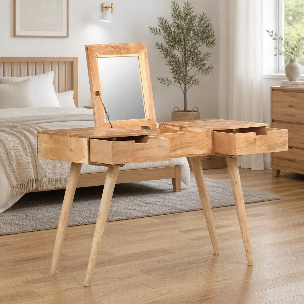 Dressing Table Solid Acacia Wood 112x45x76cm with Mirror and 2 Storage Drawers Brown