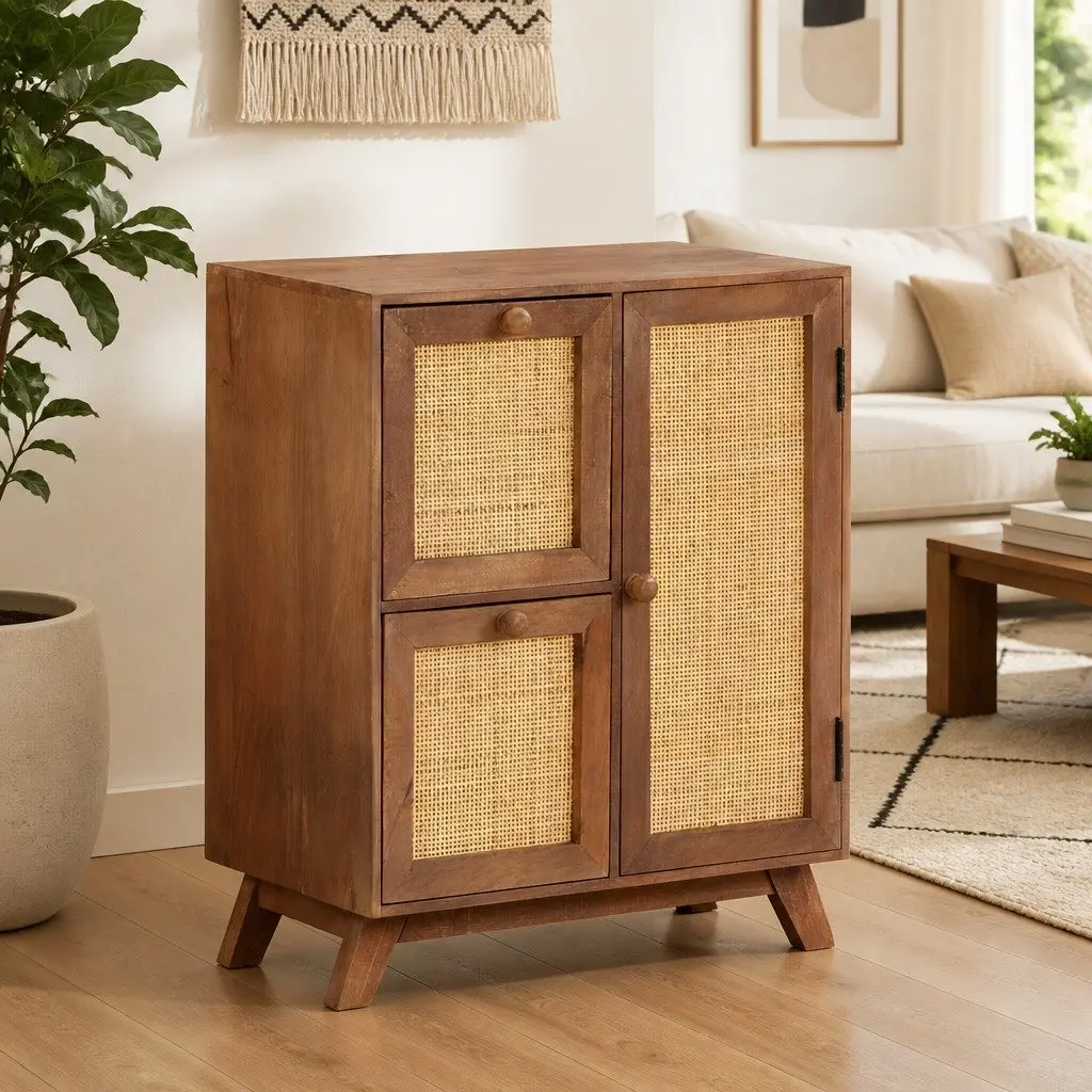 Sideboard Solid Mango Wood Brown 2 Drawers 1 Door Storage Cabinet