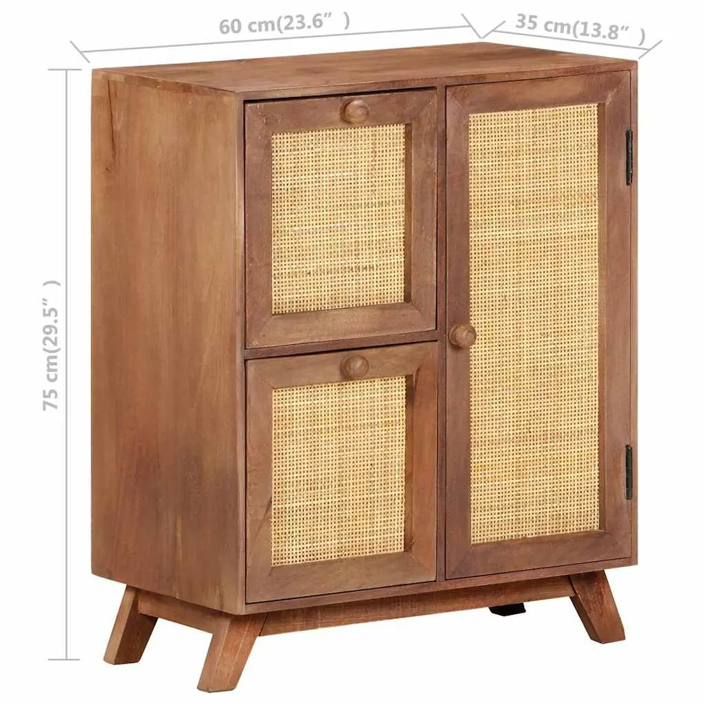 Sideboard Solid Mango Wood Brown 2 Drawers 1 Door Storage Cabinet