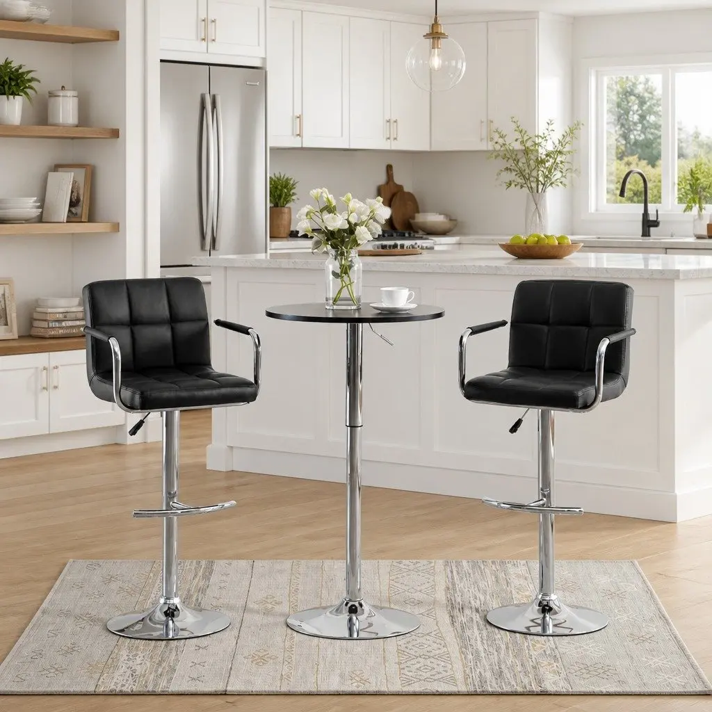 Bar Stools Faux Leather Adjustable Height 2 Piece Black Chromed Steel