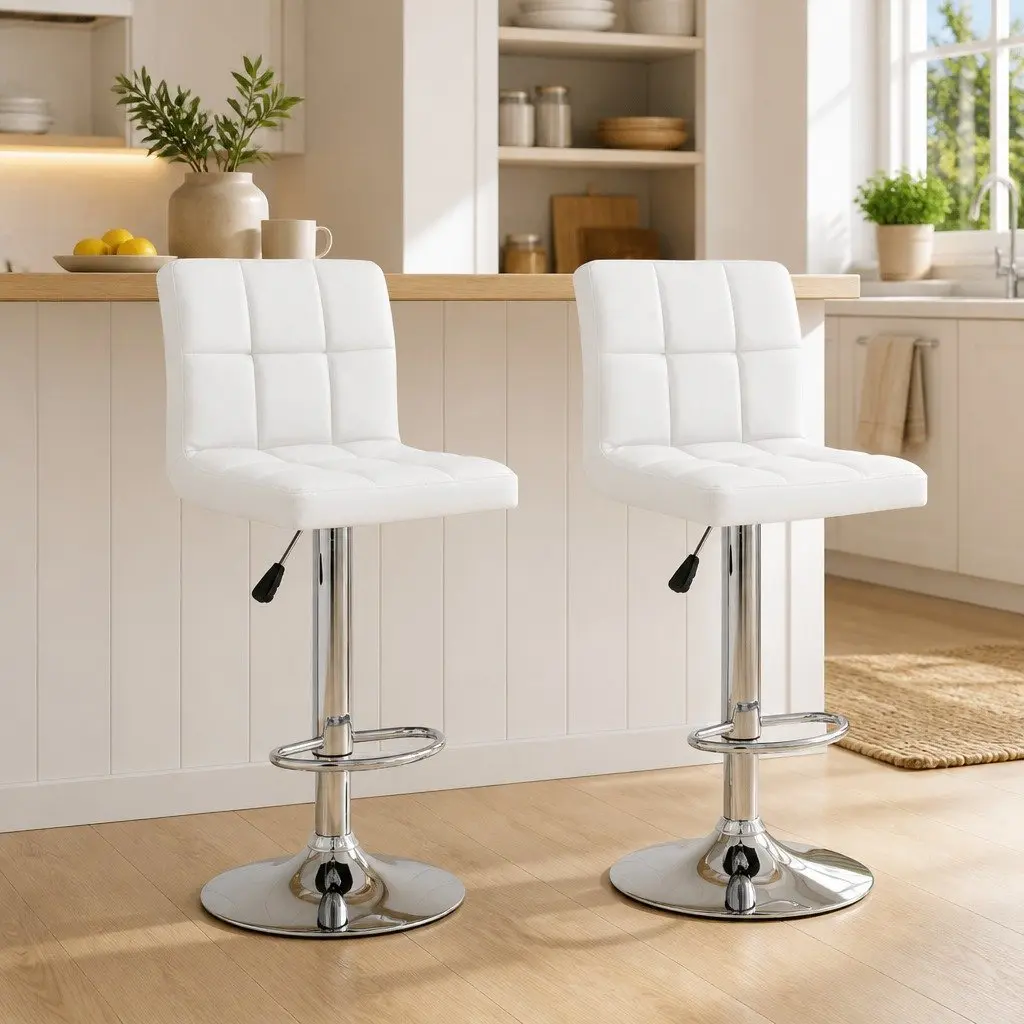 Bar Stools Faux Leather Adjustable Height Chromed Steel 2 Piece White