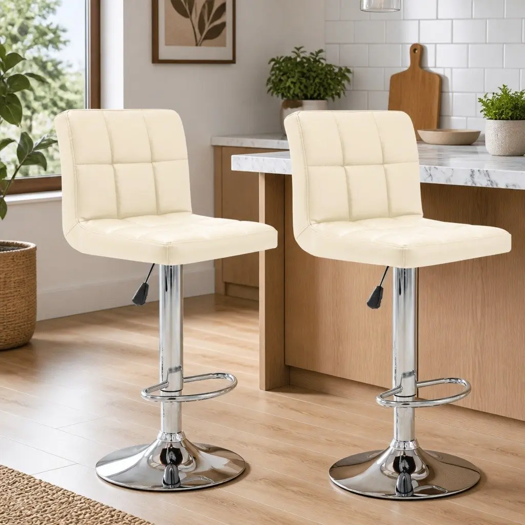 Bar Stools 2 pcs Cream Faux Leather Adjustable Height Footrest Modern Design