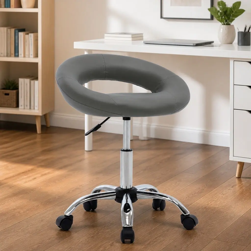 Rolling Office Chair Grey Faux Leather Padded Backrest Adjustable Height Desk