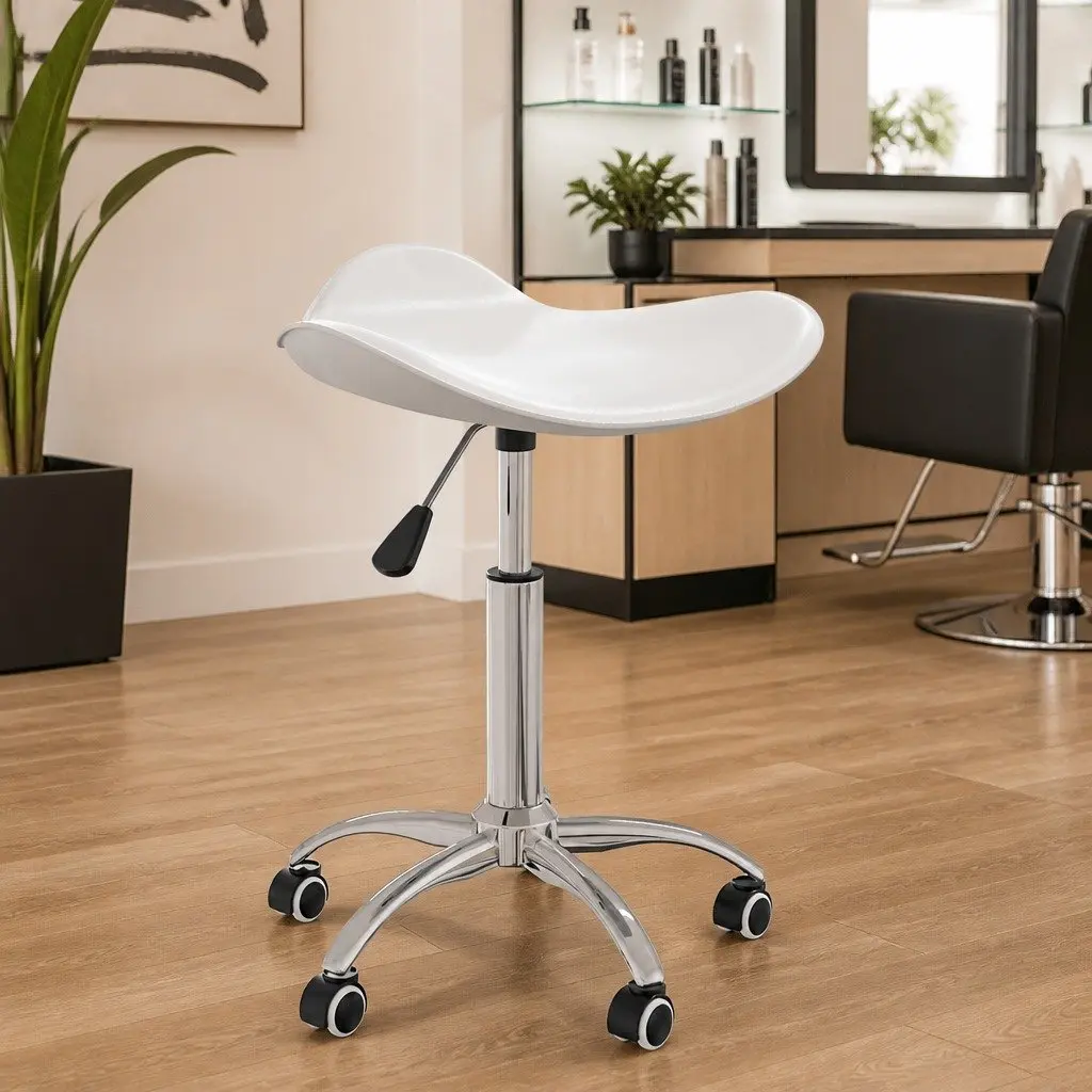 Salon Spa Stool White Faux Leather Height Adjustable Swivel Rolling Chair