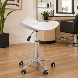 Salon Spa Stool White Faux Leather Height Adjustable Swivel Rolling Chair
