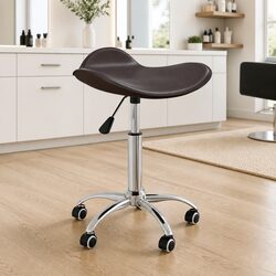 Salon Spa Stool Height Adjustable Swivel Chair Wheels Brown Faux Leather