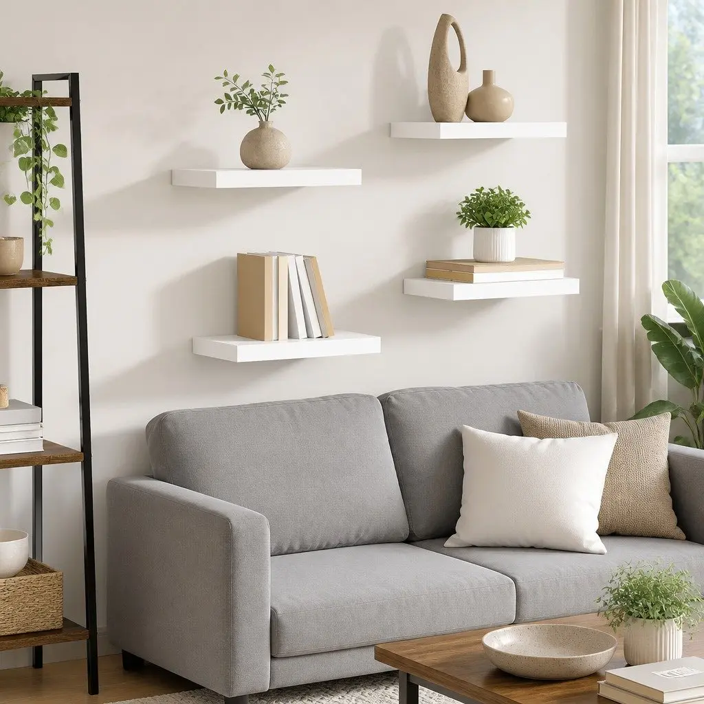 Floating Wall Shelves Honeycomb MDF with Metal Frame 40 x 23.5 x 3.8 cm White Set 4 Pieces
