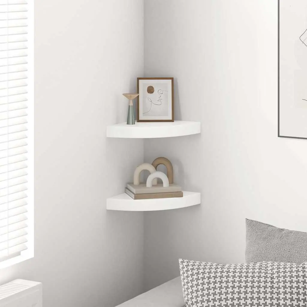 Floating Corner Wall Shelves White High Gloss Display Storage 25x25x3.8cm Set