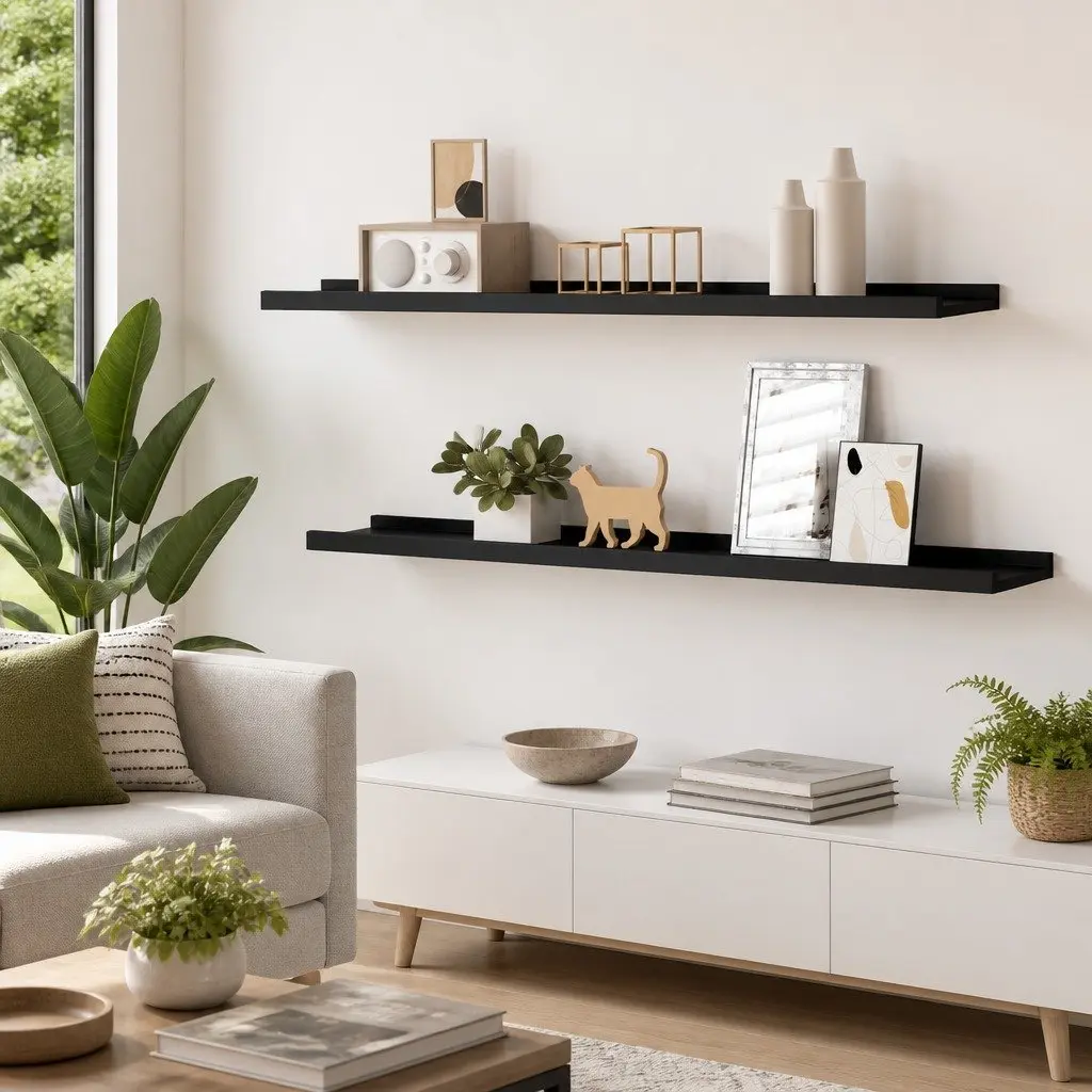 Black Floating Picture Ledge Shelves 2 Piece Wall Mount Storage Display 80x9x3cm Lacquered MDF