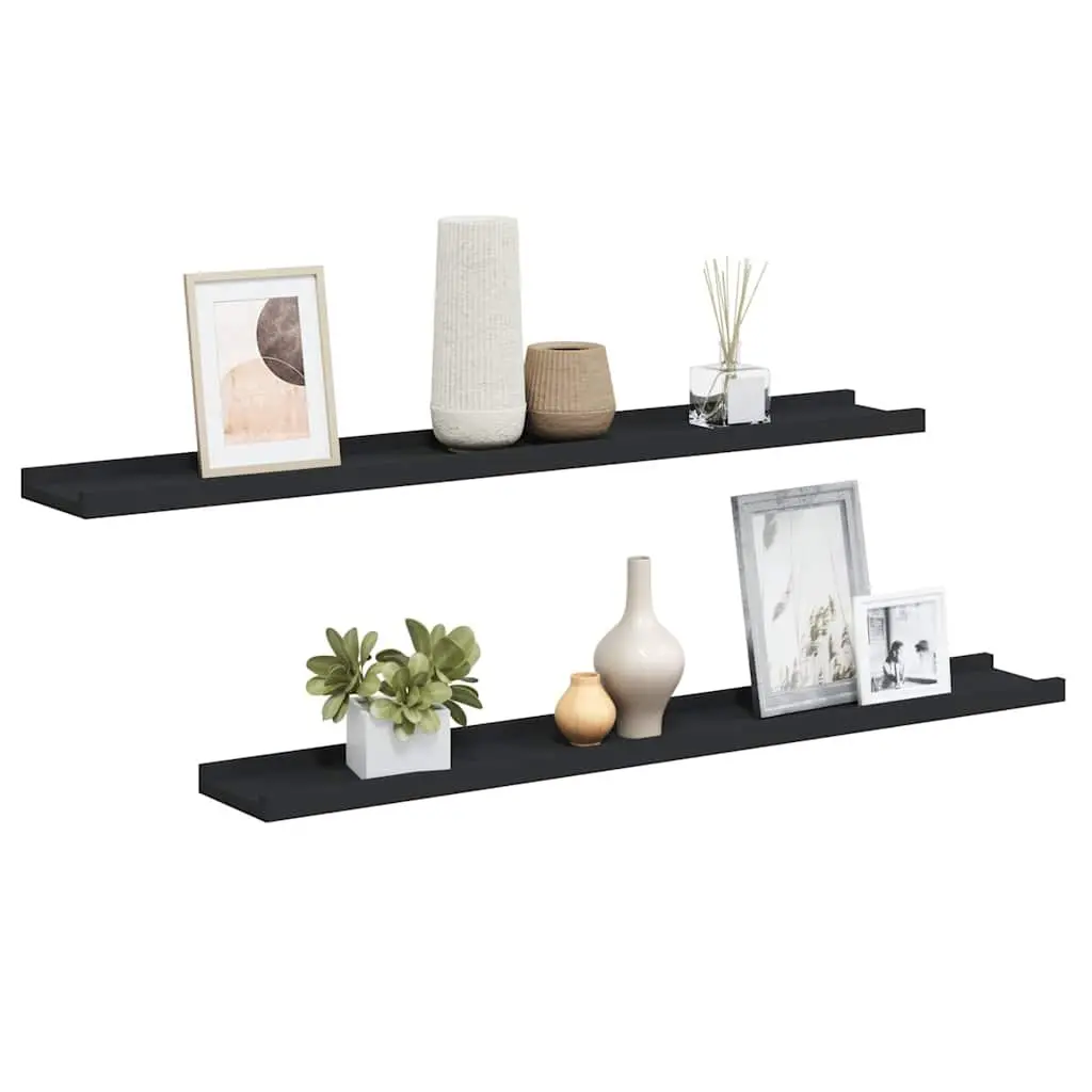 Black Floating Picture Ledge Shelves 2 Piece Wall Mount Storage Display 80x9x3cm Lacquered MDF
