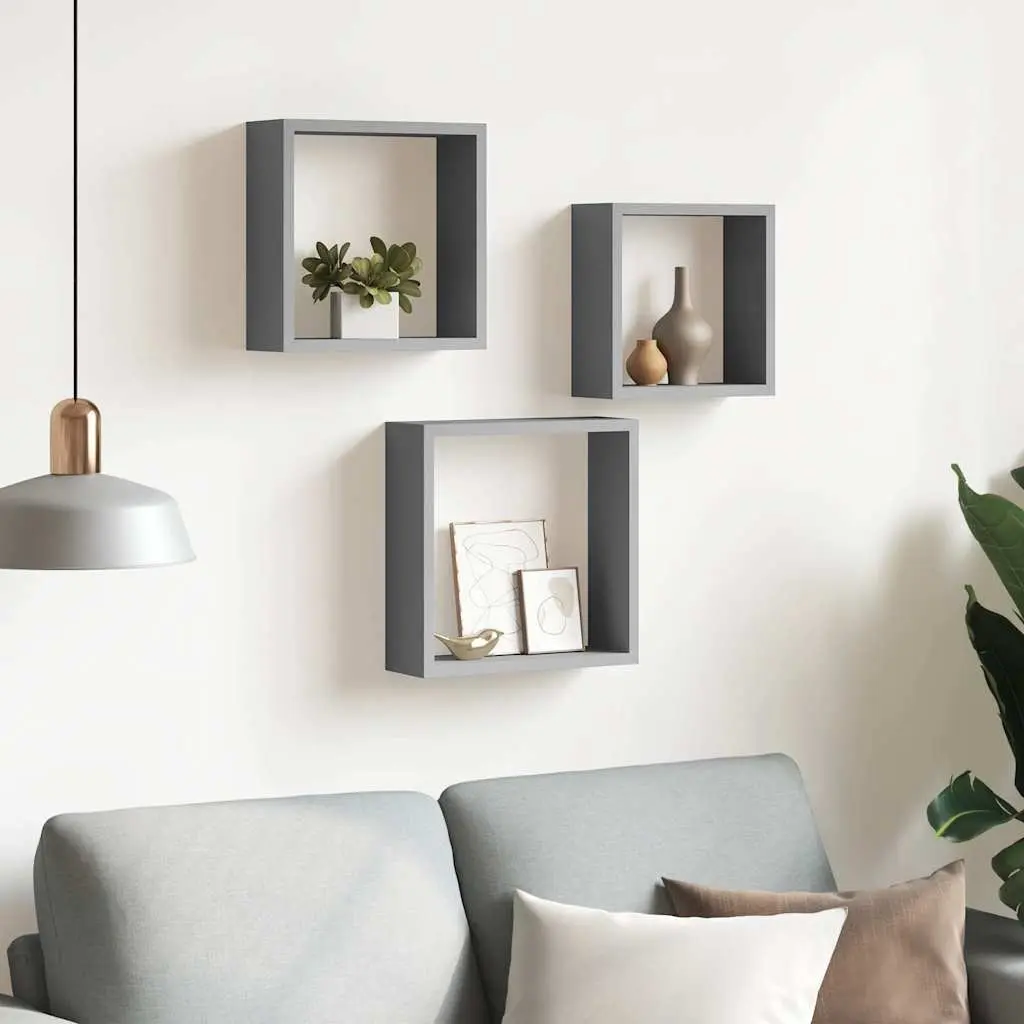 Wall Cube Shelves MDF Grey 3 Piece Storage Organiser Display Floating Corner Unit