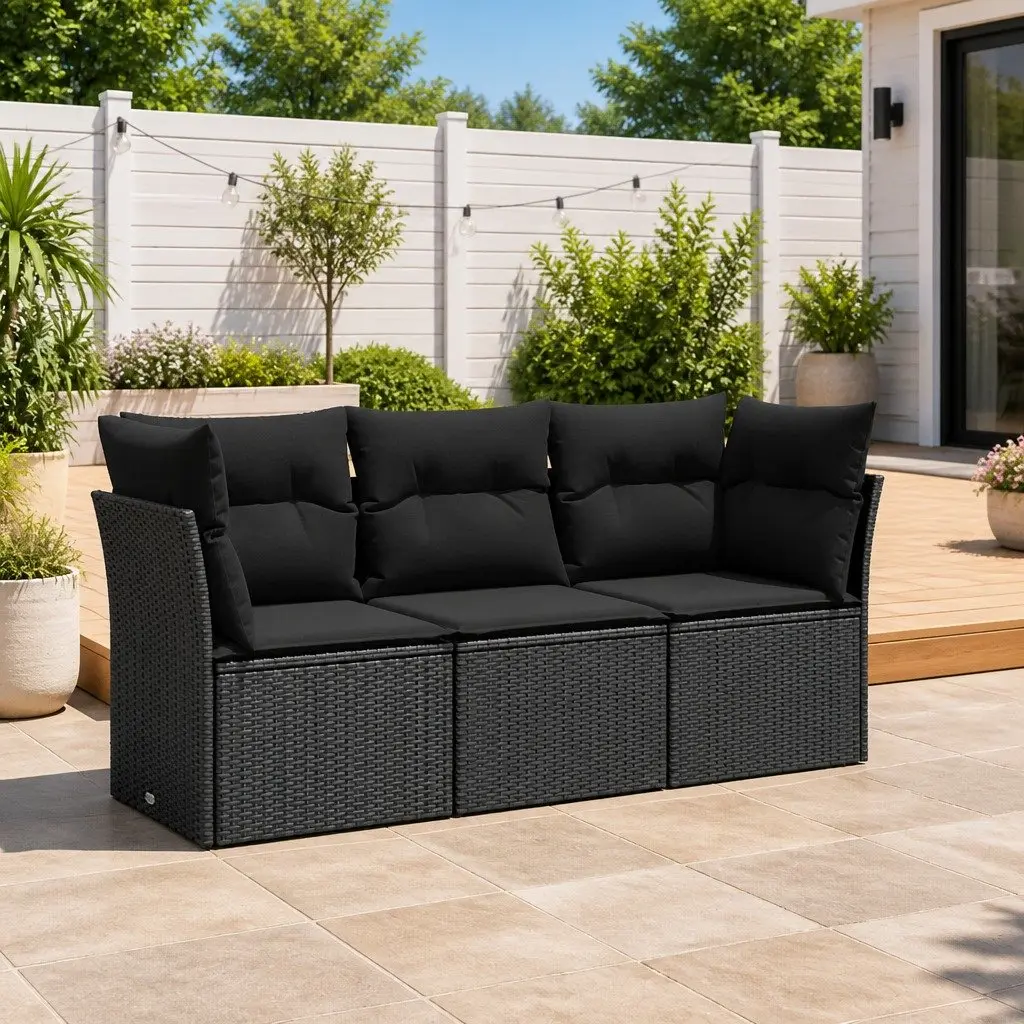 3 Piece Outdoor Garden Sofa Set with Storage Cushions Black Poly Rattan Patio