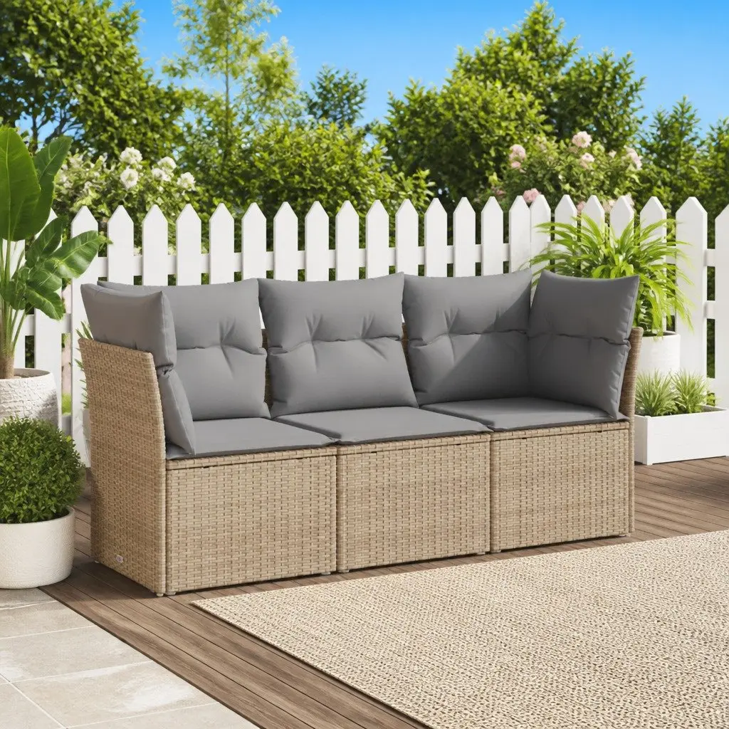 3 Piece Garden Sofa Set with Cushions Beige Poly Rattan Outdoor Furniture Patio
