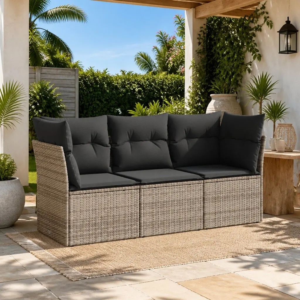 3 Piece Garden Sofa Set Poly Rattan Grey Outdoor Furniture with Storage Cushions