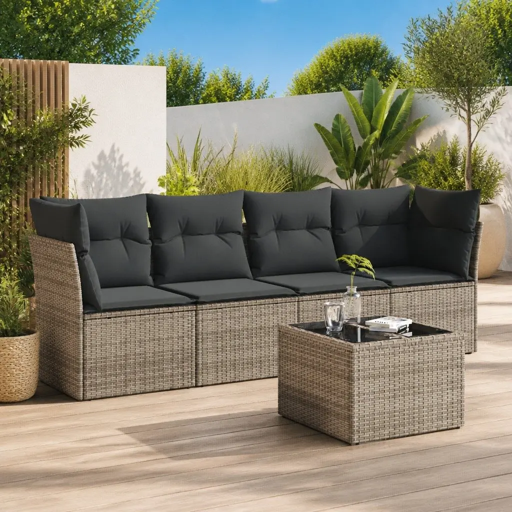 Garden Sofa Set 5 Piece Outdoor Furniture Grey Poly Rattan with Storage Cushions