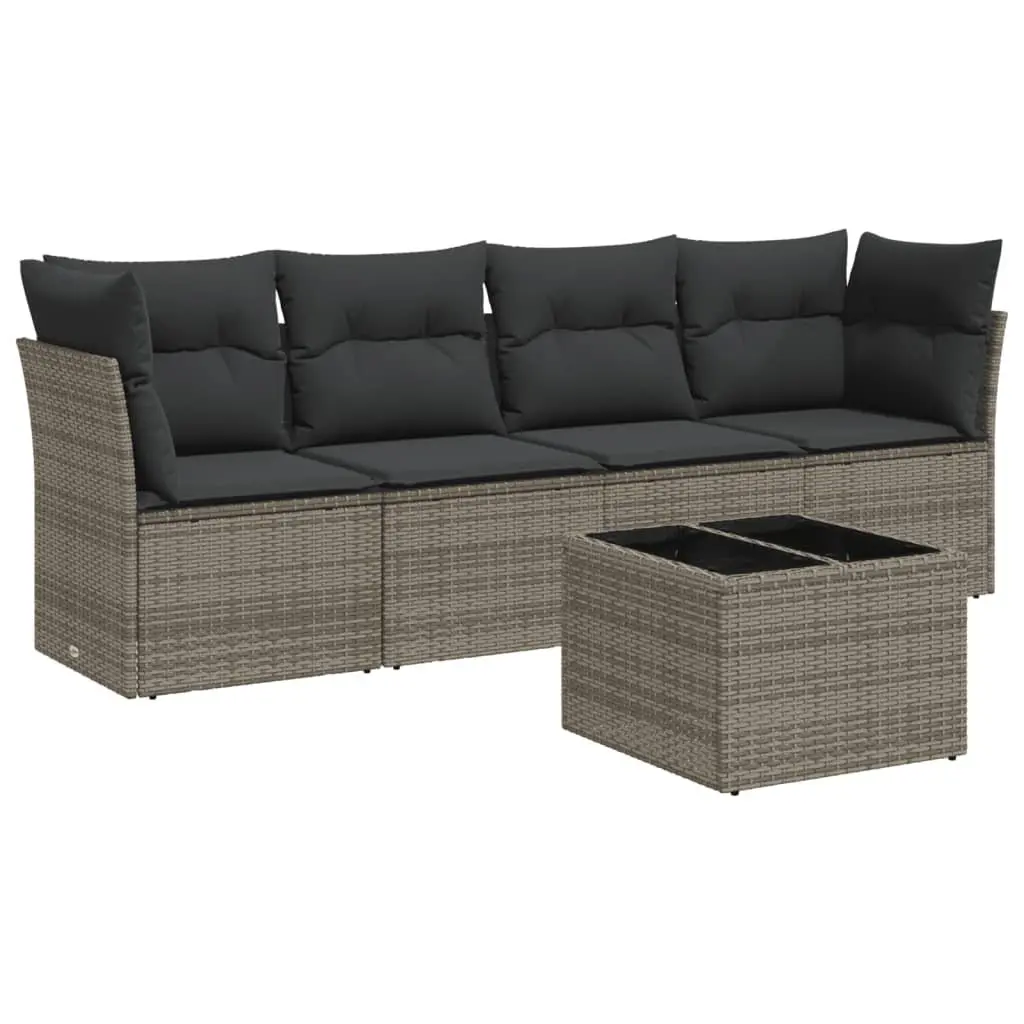 Garden Sofa Set 5 Piece Outdoor Furniture Grey Poly Rattan with Storage Cushions
