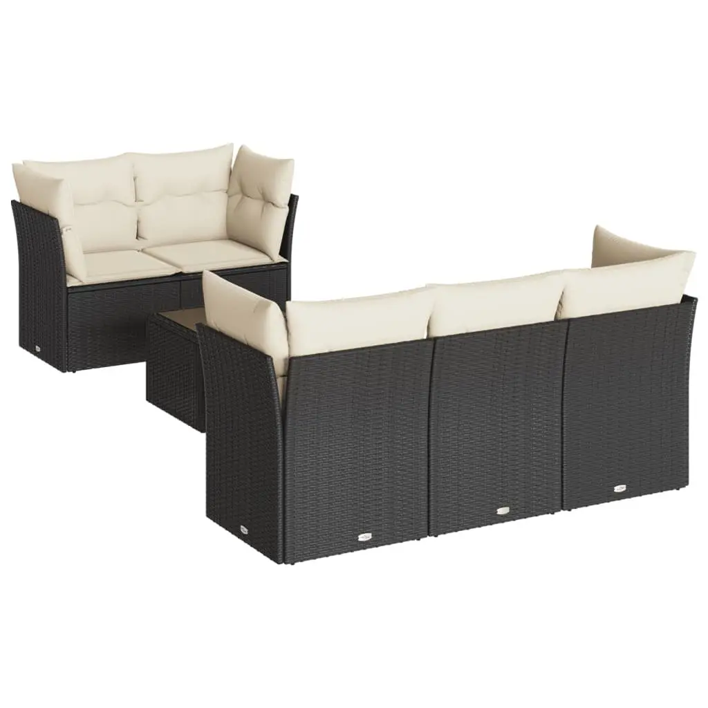 7 Piece Outdoor Garden Sofa Set Poly Rattan Black Modular with Storage Cushions and Tempered Glass Table