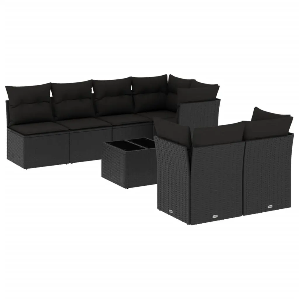 Outdoor Furniture Set 8 Piece Modular Black Poly Rattan with Cushions Tempered Glass Table