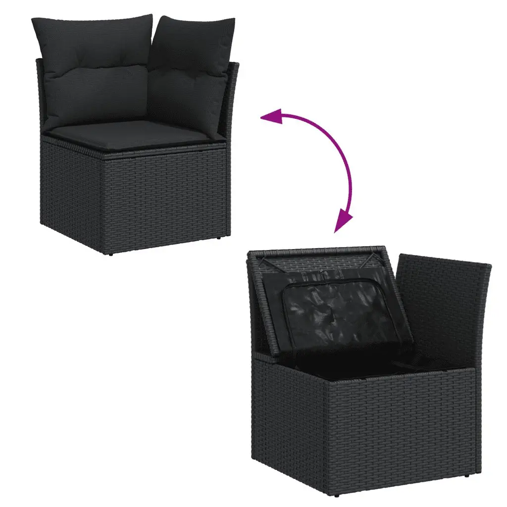 Outdoor Furniture Set 8 Piece Modular Black Poly Rattan with Cushions Tempered Glass Table