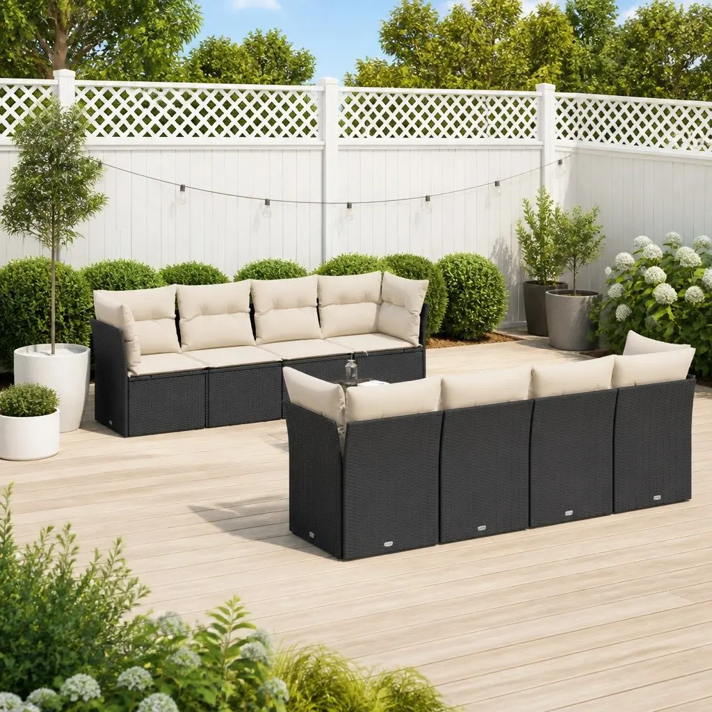 9 Piece Garden Sofa Set Outdoor Furniture Black Poly Rattan with Cushions Patio