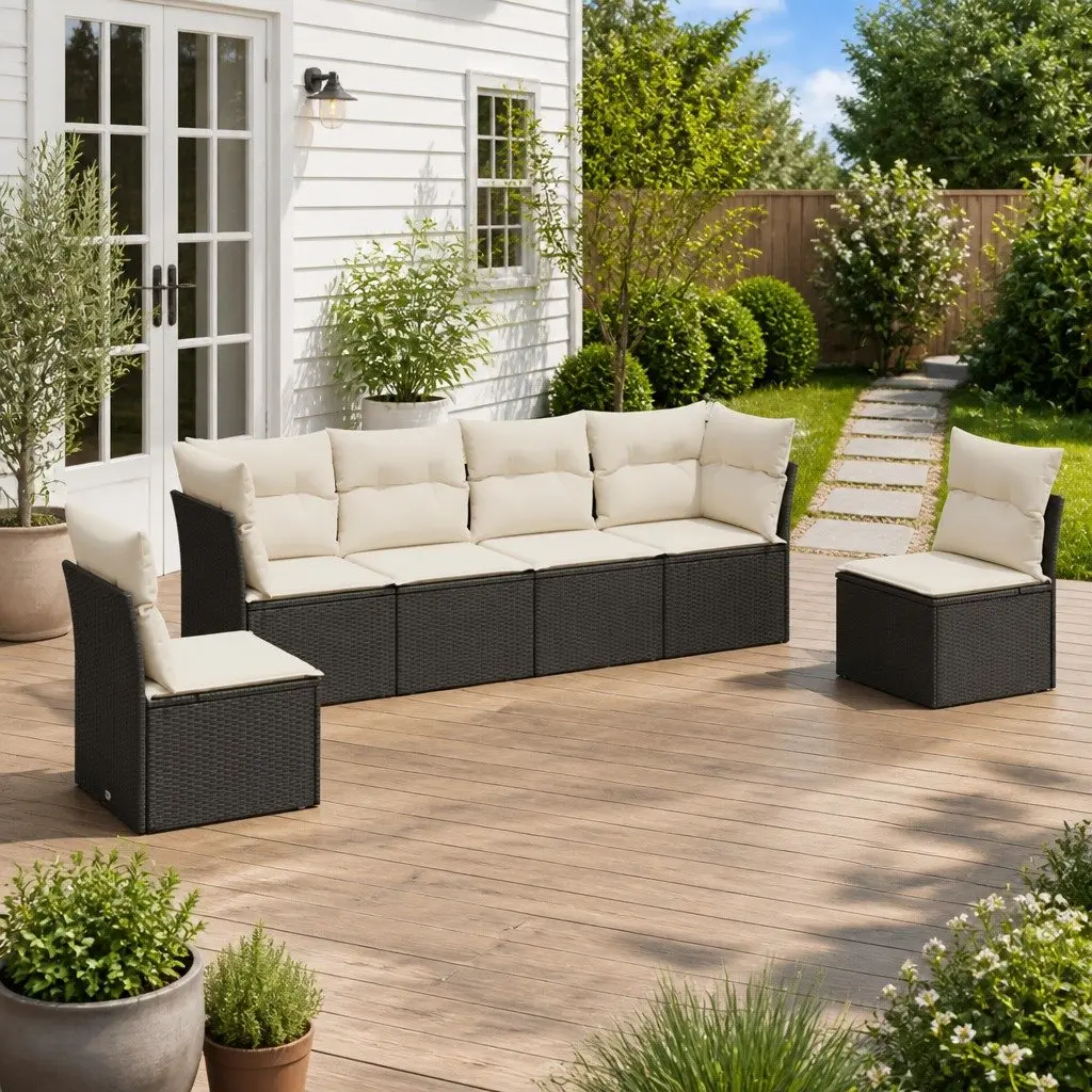 Modular Outdoor Garden Sofa Set Black Poly Rattan 6 Piece Patio Furniture