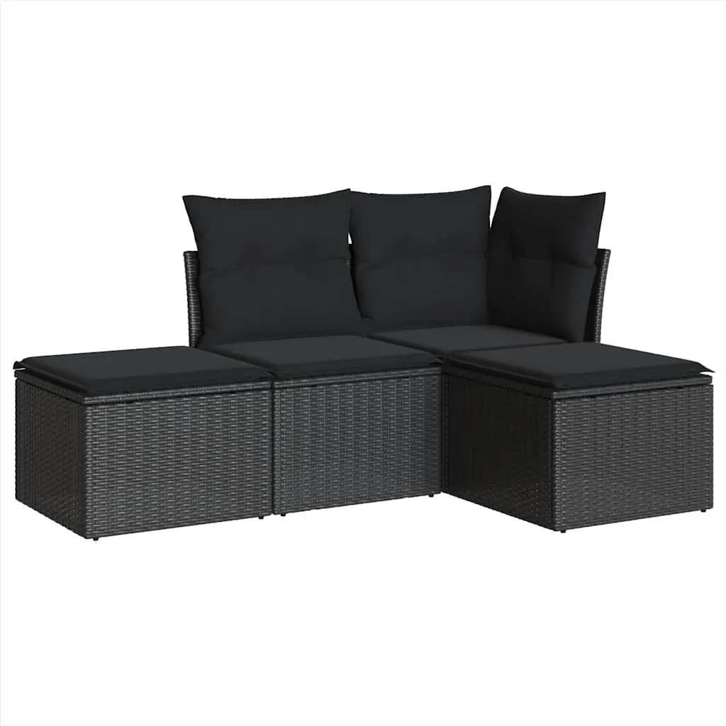 4 Piece Modular Outdoor Sofa Set Black Poly Rattan Garden Furniture with Storage Compartments and Removable Cushion Covers