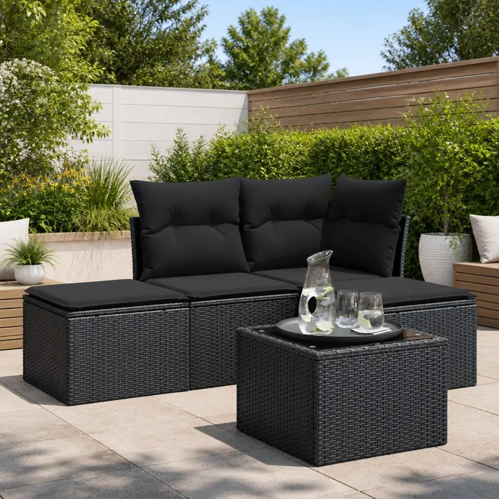 Garden Sofa Set 5 Piece Outdoor Furniture PE Rattan Black with Cushions and Tempered Glass Table