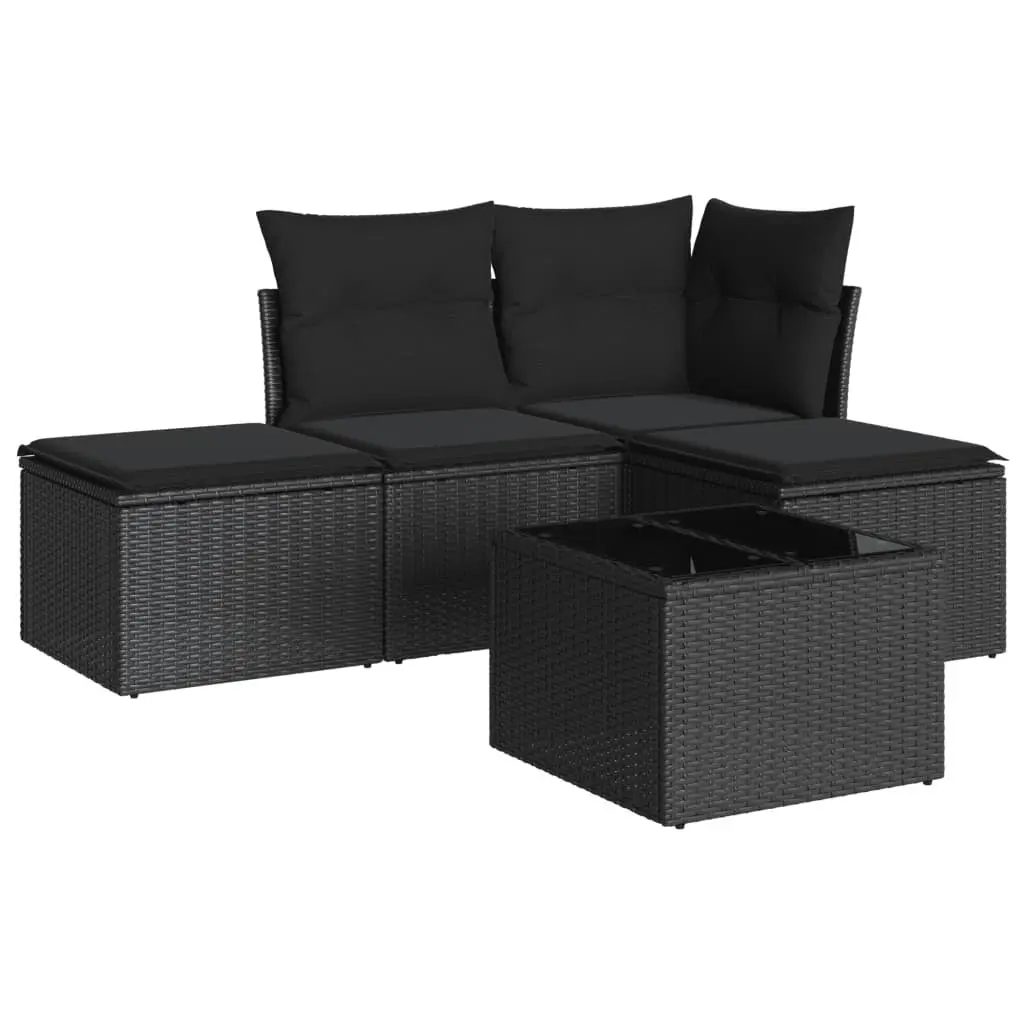 Garden Sofa Set 5 Piece Outdoor Furniture PE Rattan Black with Cushions and Tempered Glass Table