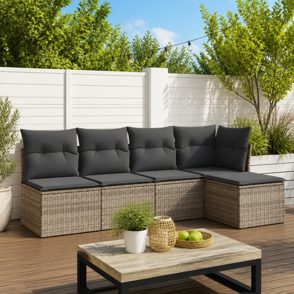 Garden Sofa Set 5 Piece Modular Grey PE Poly Rattan Outdoor Furniture
