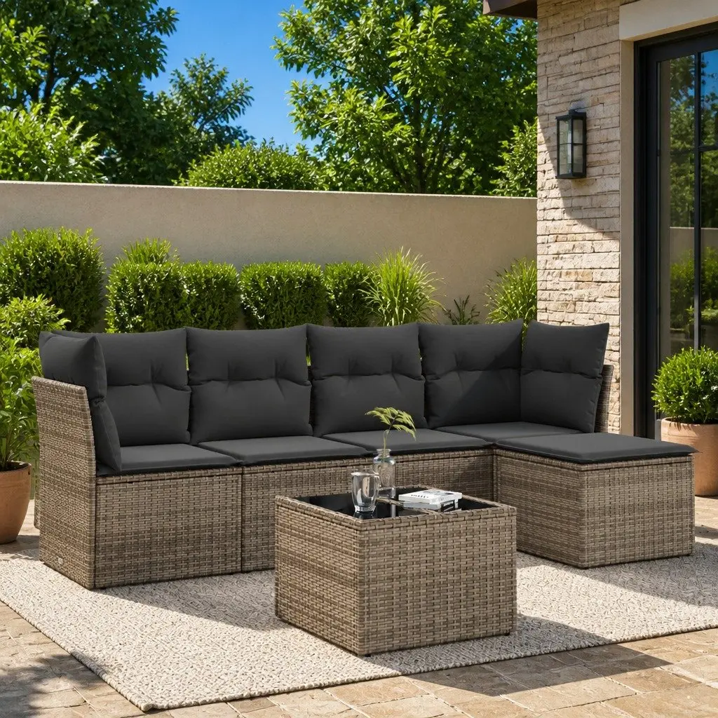 Garden Sofa Set 6 Piece PE Rattan Outdoor Furniture Grey with Cushions