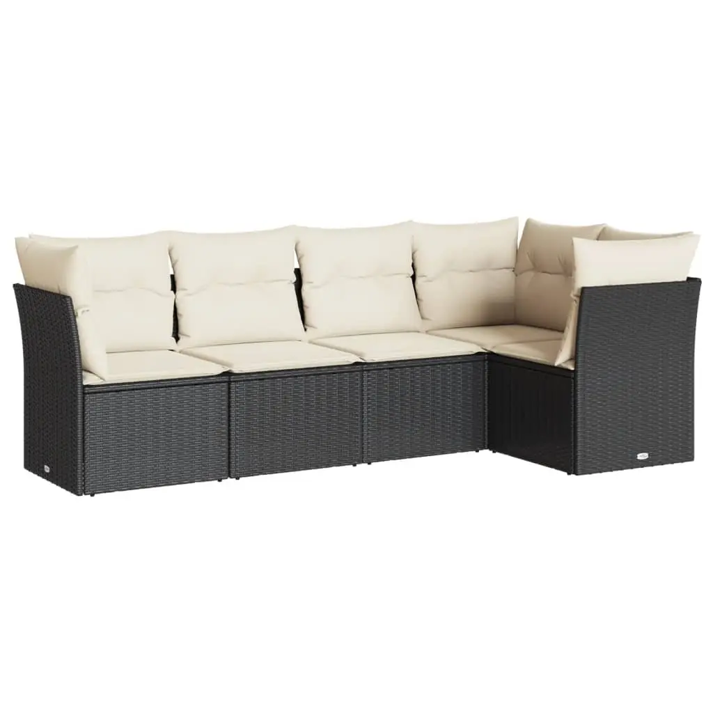 Outdoor Garden Sofa Set 5 Piece Black Poly Rattan Patio Furniture with Cushions
