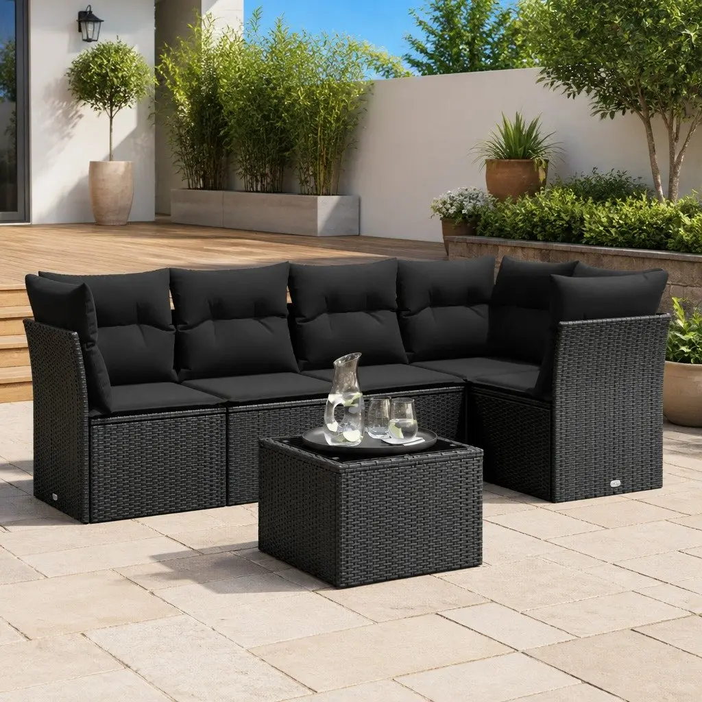 Garden Sofa Set Black PE Rattan 6 Piece Outdoor Furniture Patio Seating
