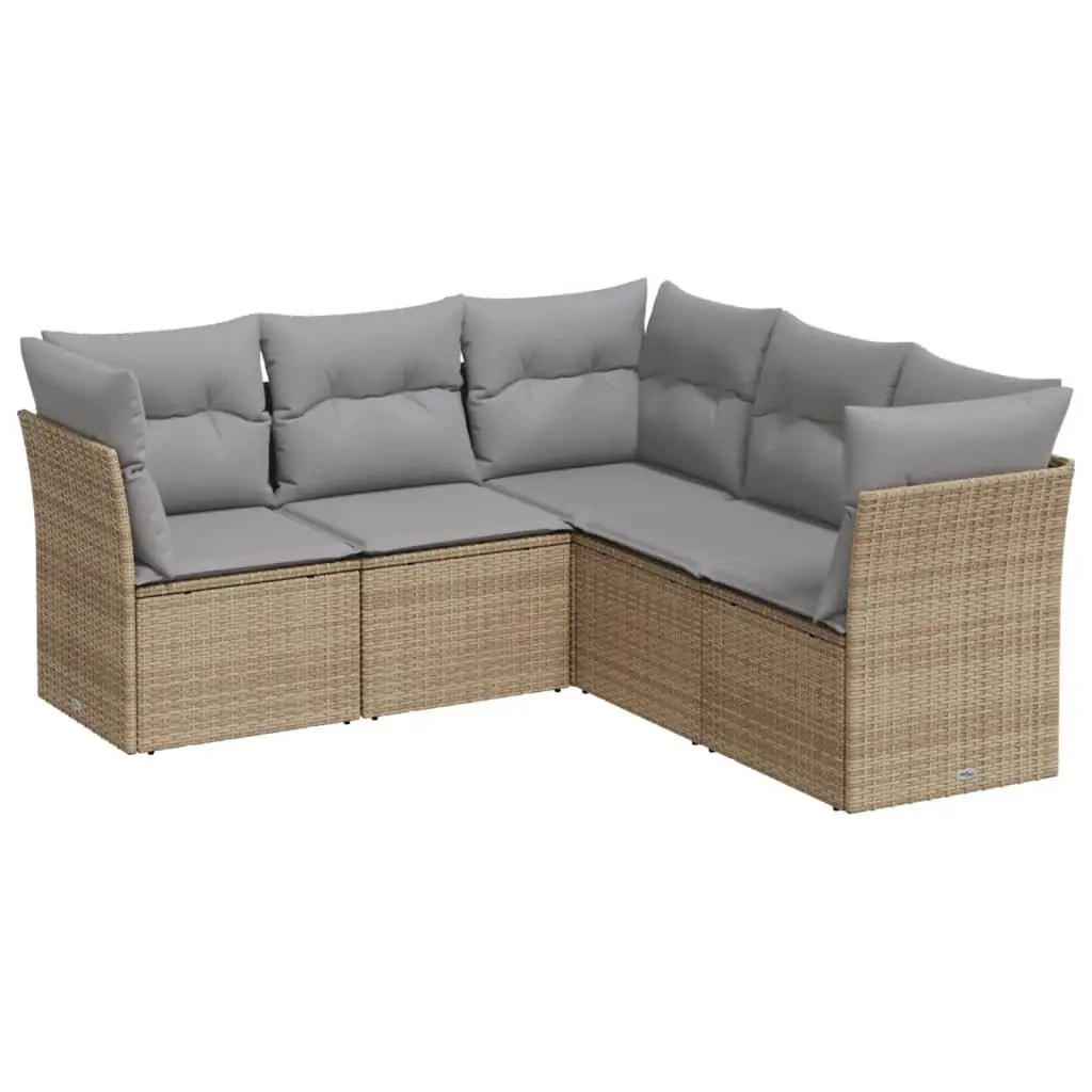 5 Piece Garden Sofa Set PE Rattan Modular Outdoor Furniture Beige Cushions