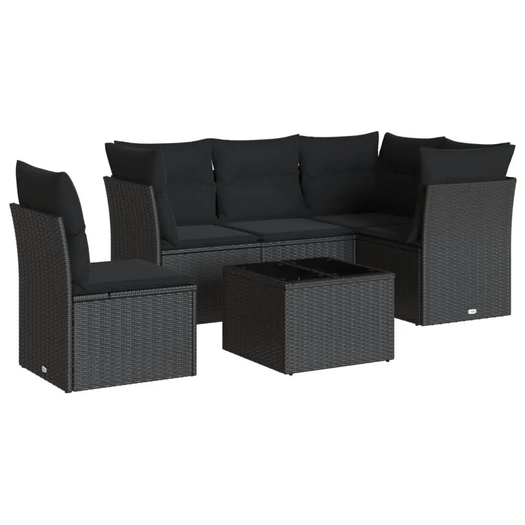 6 Piece Outdoor Garden Sofa Set Black PE Rattan with Storage Compartments and Tempered Glass Tabletop