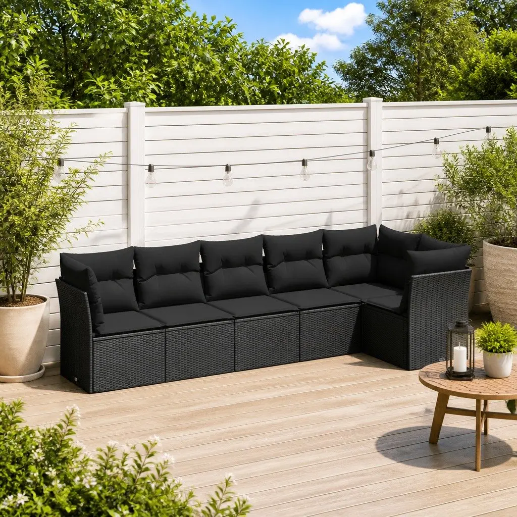 6 Piece Modular Outdoor Furniture Set Black Rattan Sofa with Storage and Removable Cushions for Patio Garden Seating