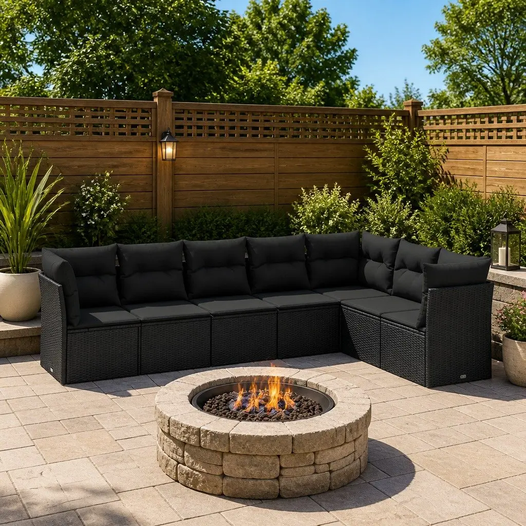 Modular Black Poly Rattan 7 Piece Outdoor Furniture Garden Sofa Set