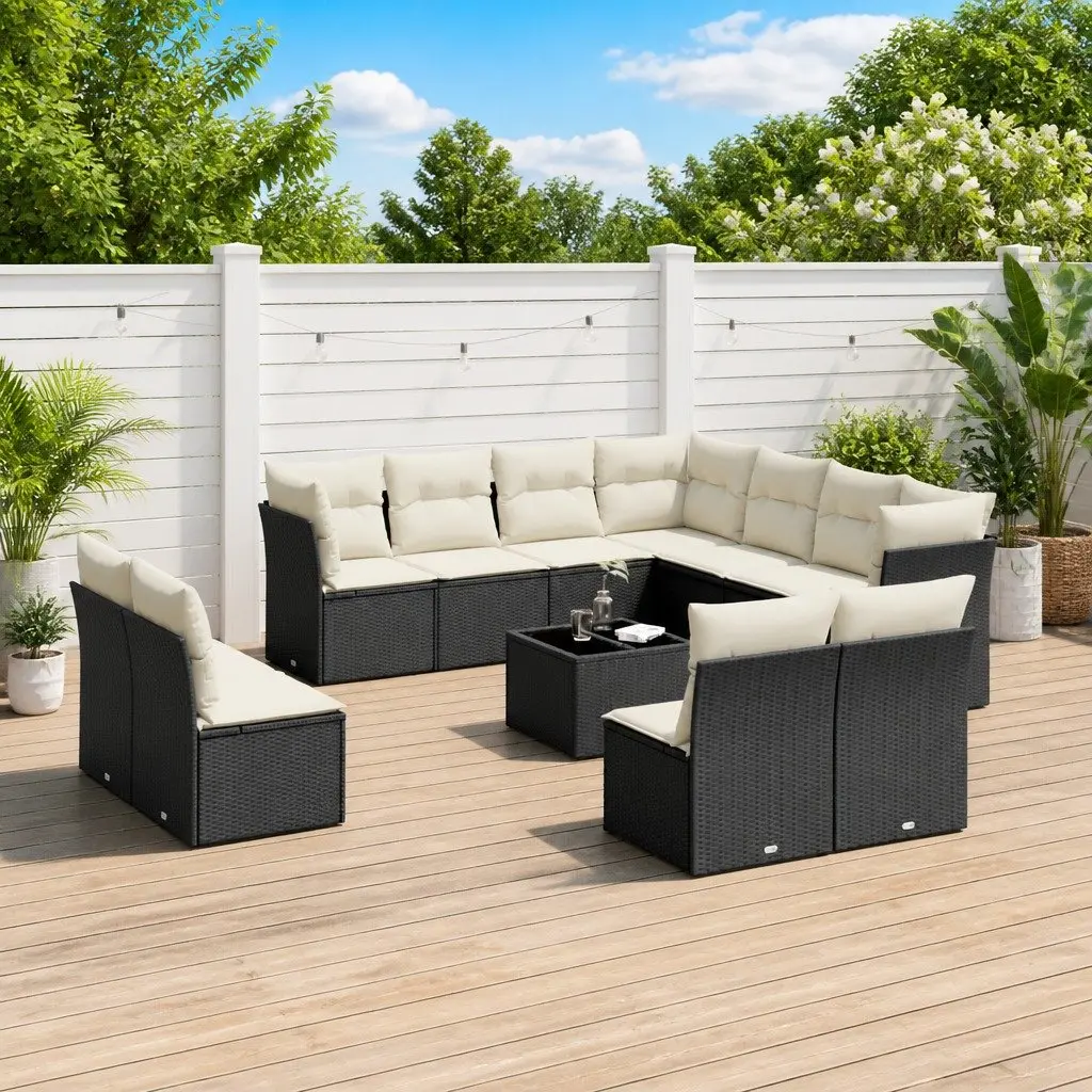 12 Piece Modular Garden Sofa Set Black PE Rattan Outdoor Furniture with Tempered Glass Table and Storage Function