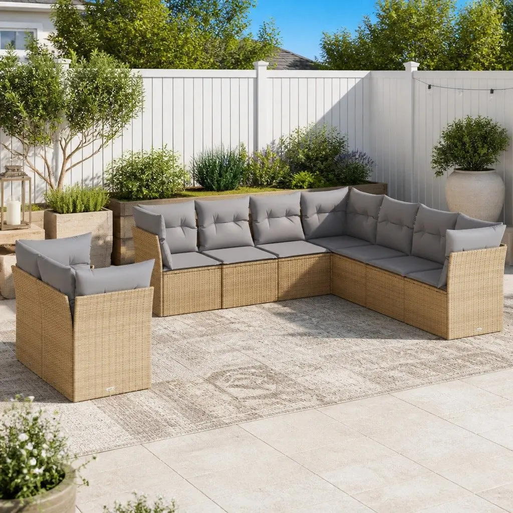 Garden Sofa Set 9 Piece PE Rattan Outdoor Furniture Beige with Cushions