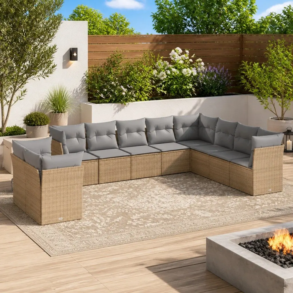 10 Piece Modular Outdoor Garden Sofa Set PE Rattan Beige