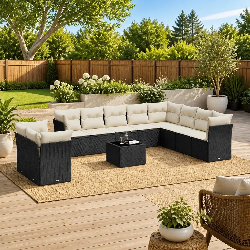Outdoor Furniture Set 11 Piece Modular Black PE Rattan Sofa with Tempered Glass Top