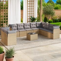 Garden Sofa Set 11 Pieces Outdoor Furniture Beige Poly Rattan Patio Sectional