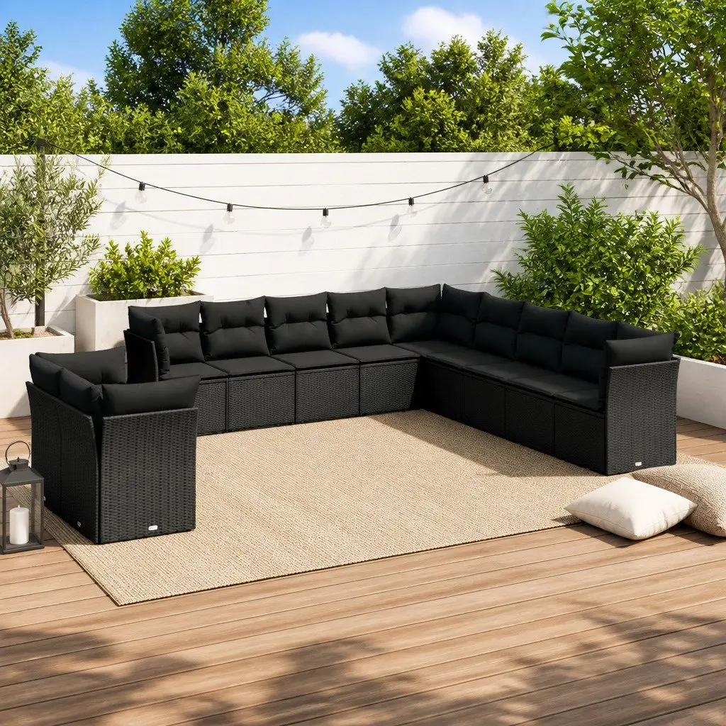 Outdoor Sofa Set 11 Piece Black PE Rattan Patio Furniture with Cushions