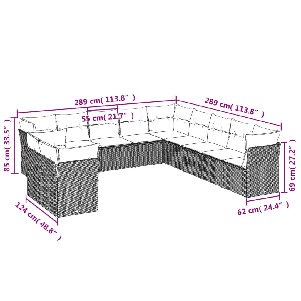 Outdoor Sofa Set 11 Piece Black PE Rattan Patio Furniture with Cushions
