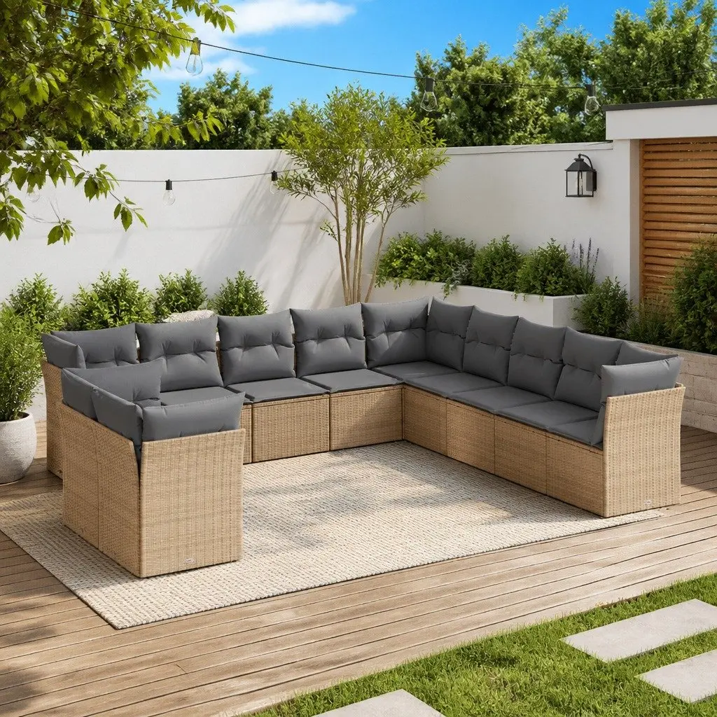 Outdoor Garden Sofa Set 11 Piece Beige Poly Rattan Patio Furniture with