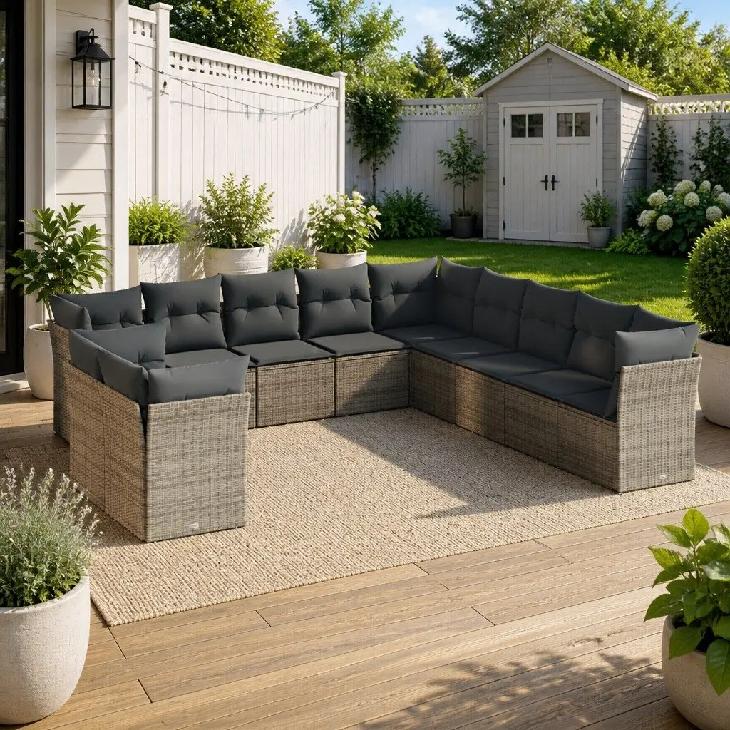11 Piece Modular Garden Sofa Set Grey PE Rattan Outdoor Furniture