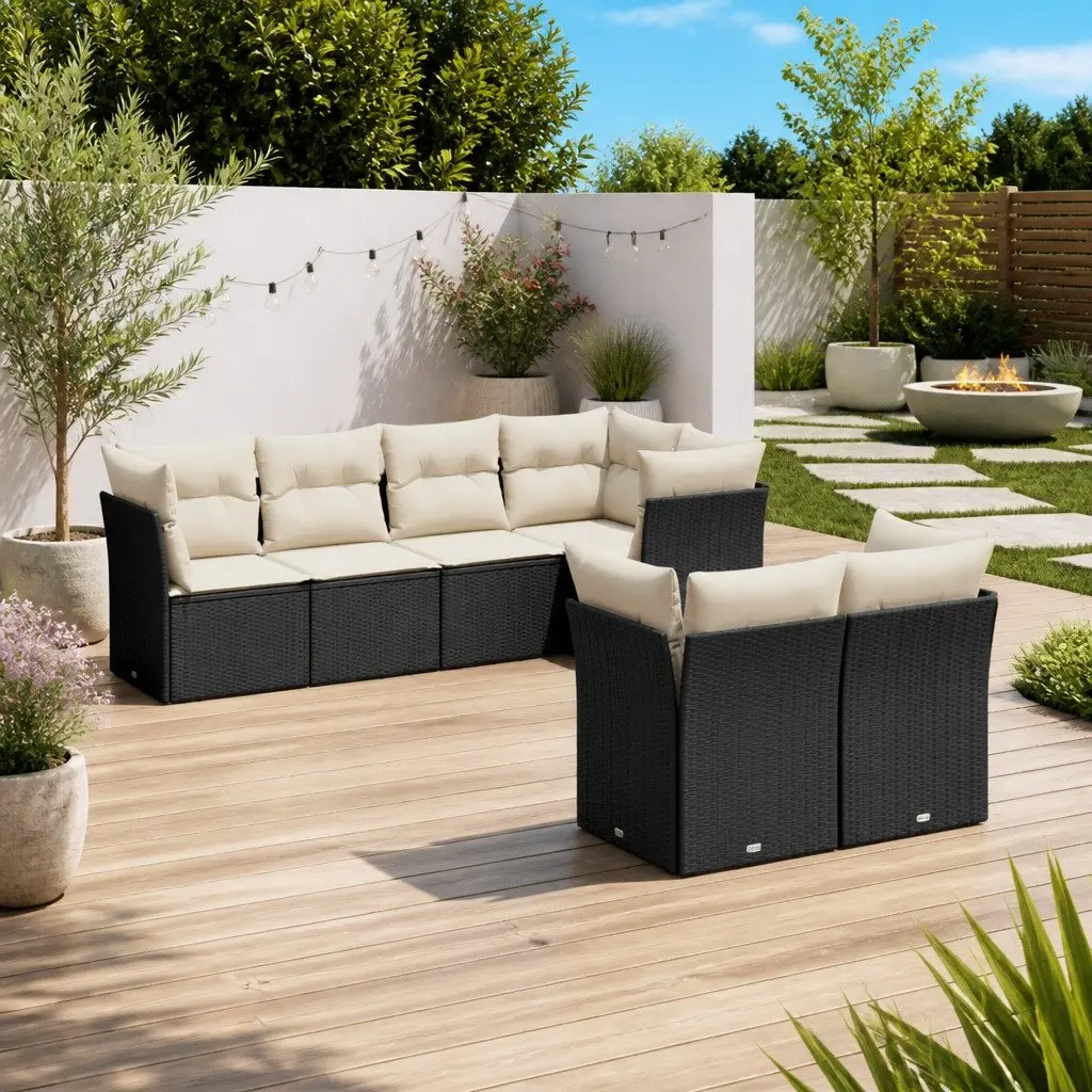 7 Piece Modular Garden Sofa Set Black PE Rattan Outdoor with Storage Cushions