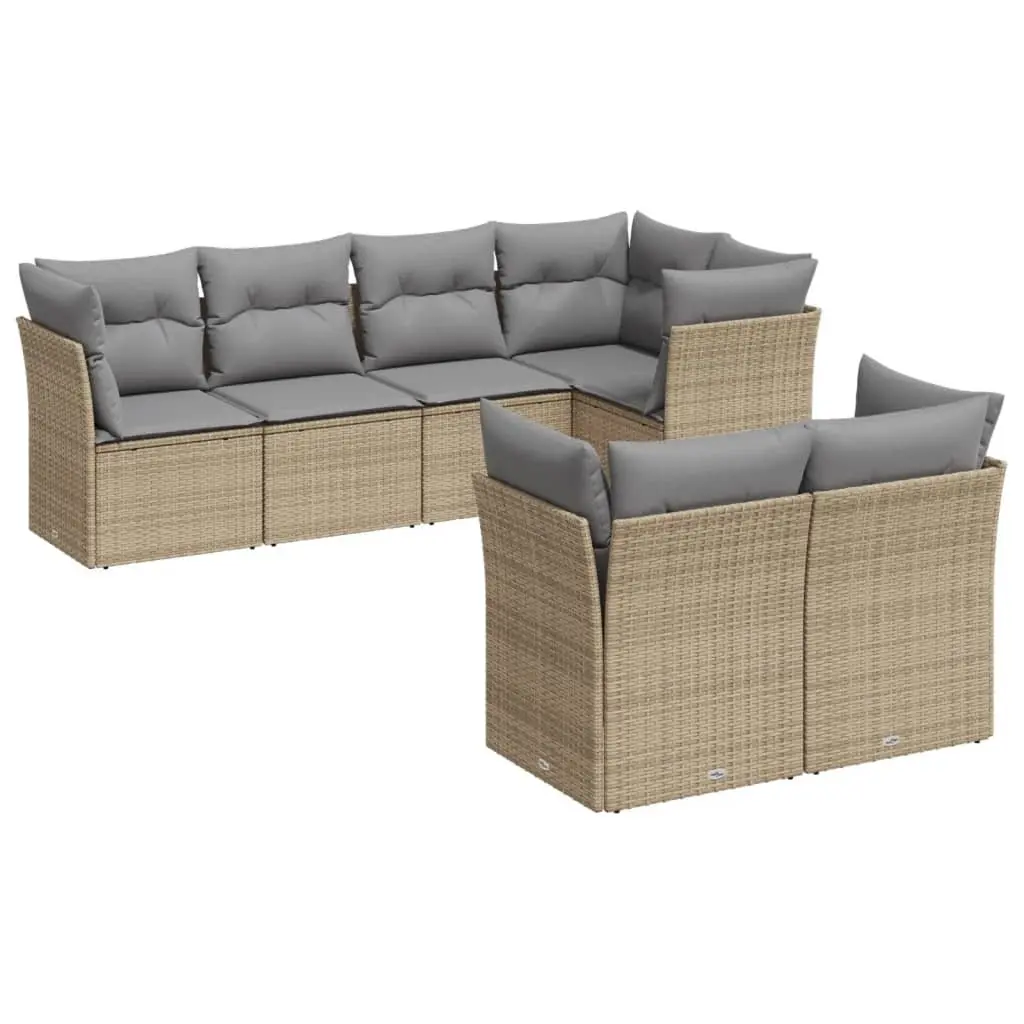 7 Piece Outdoor Furniture Set Modular Beige PE Rattan Garden Sofa with Cushions