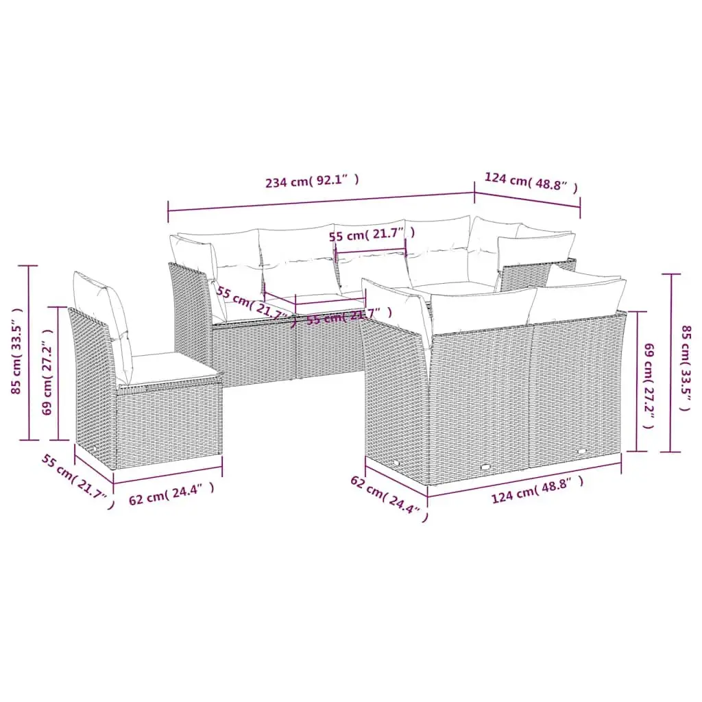 8 Piece Modular Outdoor Garden Sofa Set Black PE Rattan with Cushions