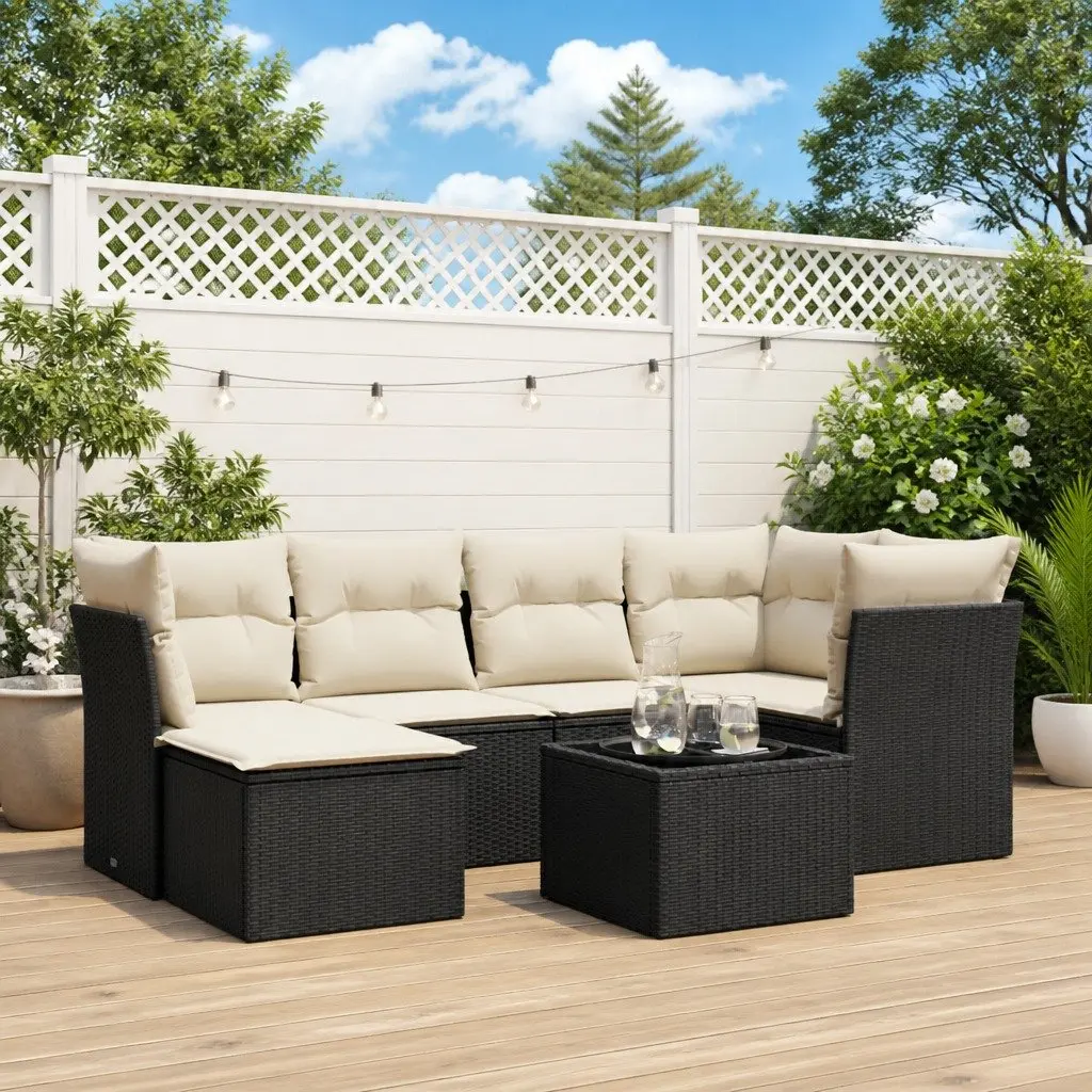 7 Piece Garden Sofa Set PE Rattan Outdoor Patio Furniture Black with Cushions