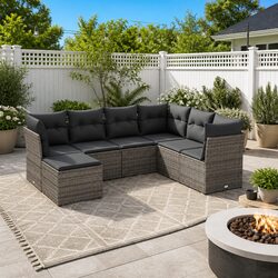 7 Piece Outdoor Garden Sofa Set with Storage Grey Poly Rattan Patio Furniture